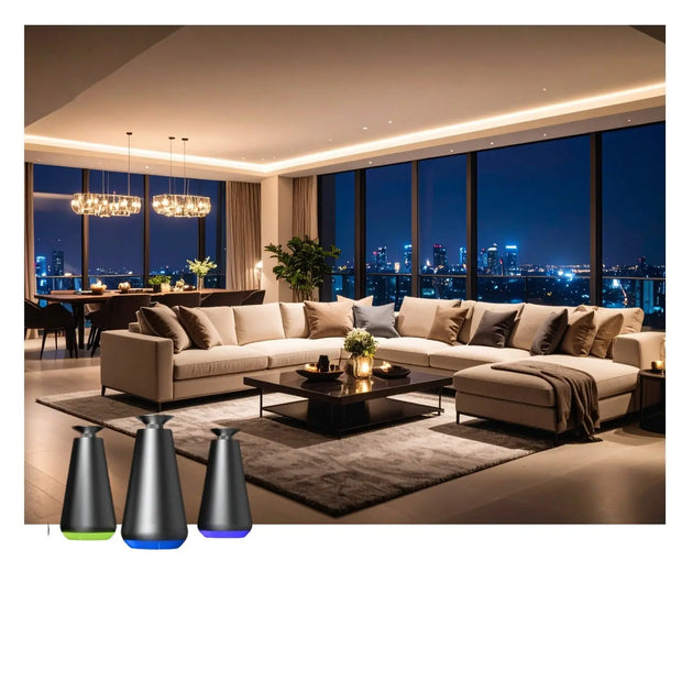 Modern living room with a sectional sofa, coffee table, and decorative vases.